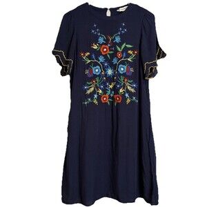 Davi & Dani Embroidered Dress Sz S Women’s Navy Shift Lined Boho Cottagecore